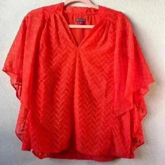 VINCE CAMUTO- NWT Orange Citrus Splash Ruffled Sleeves Blouse Sz Small - Picture 2 of 15